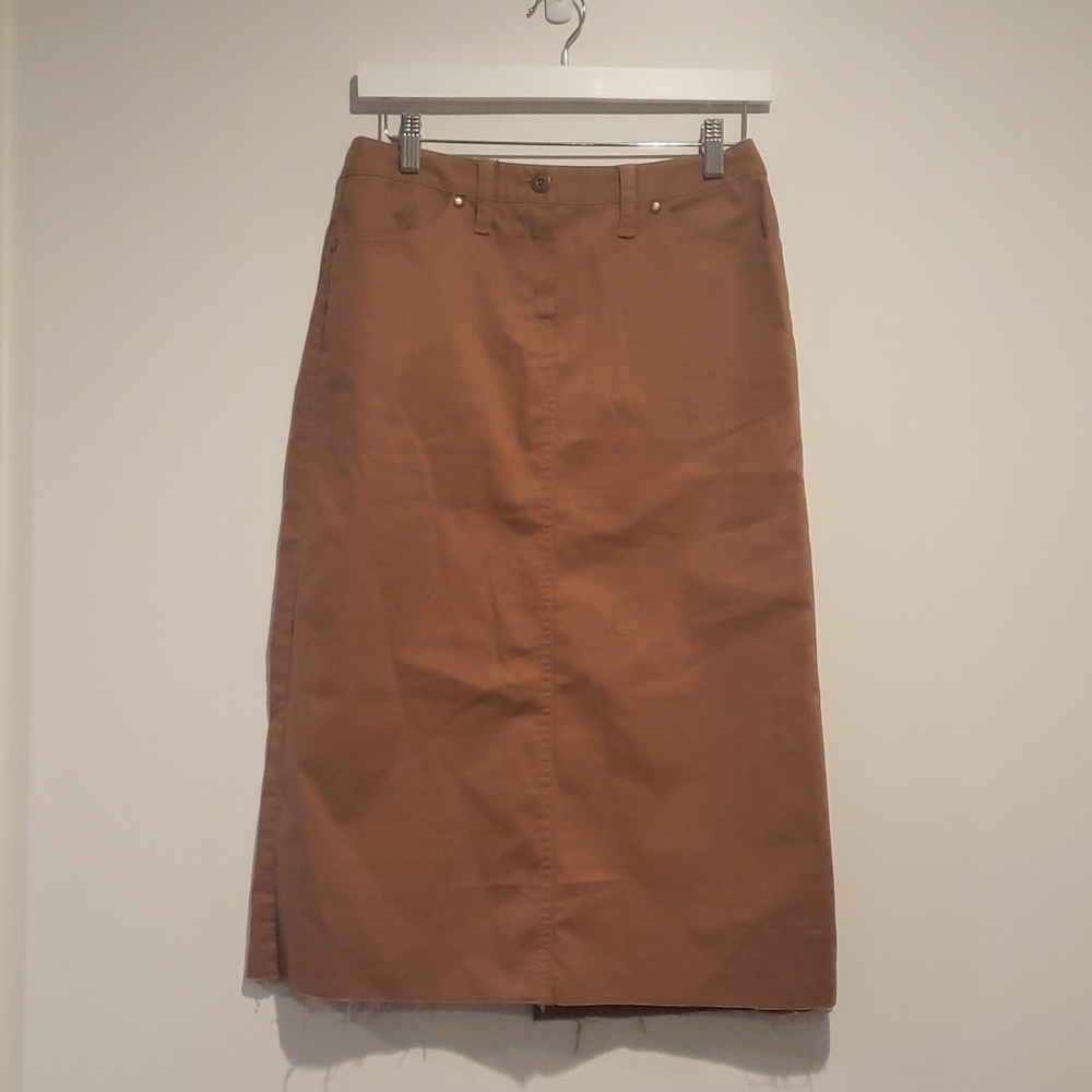 NWOT BROOKS BROTHERS Long Midi skirt raw hem Khaki Zipper Fly